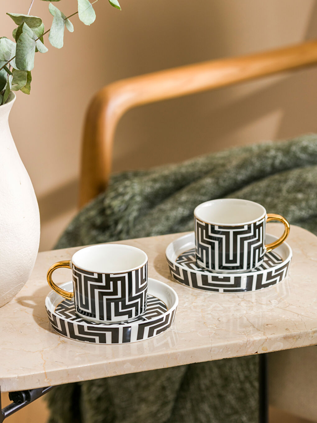 Siyah Desenli Porselen 2 Kişilik Kahve Fincan Takımı 90 ml