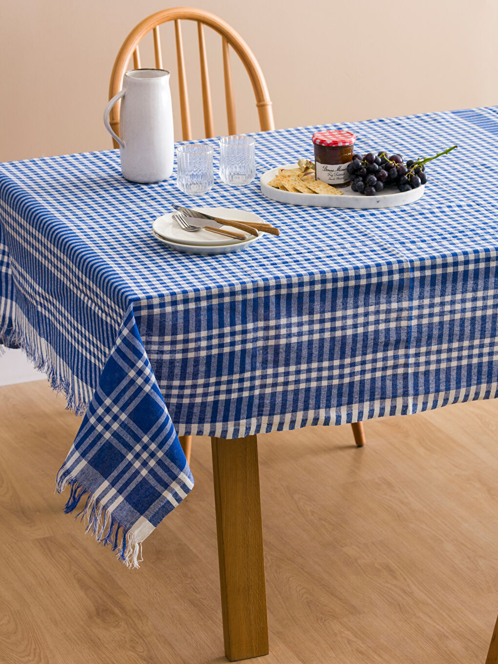 Mavi Dama Desenli Masa Örtüsü 160x160 cm