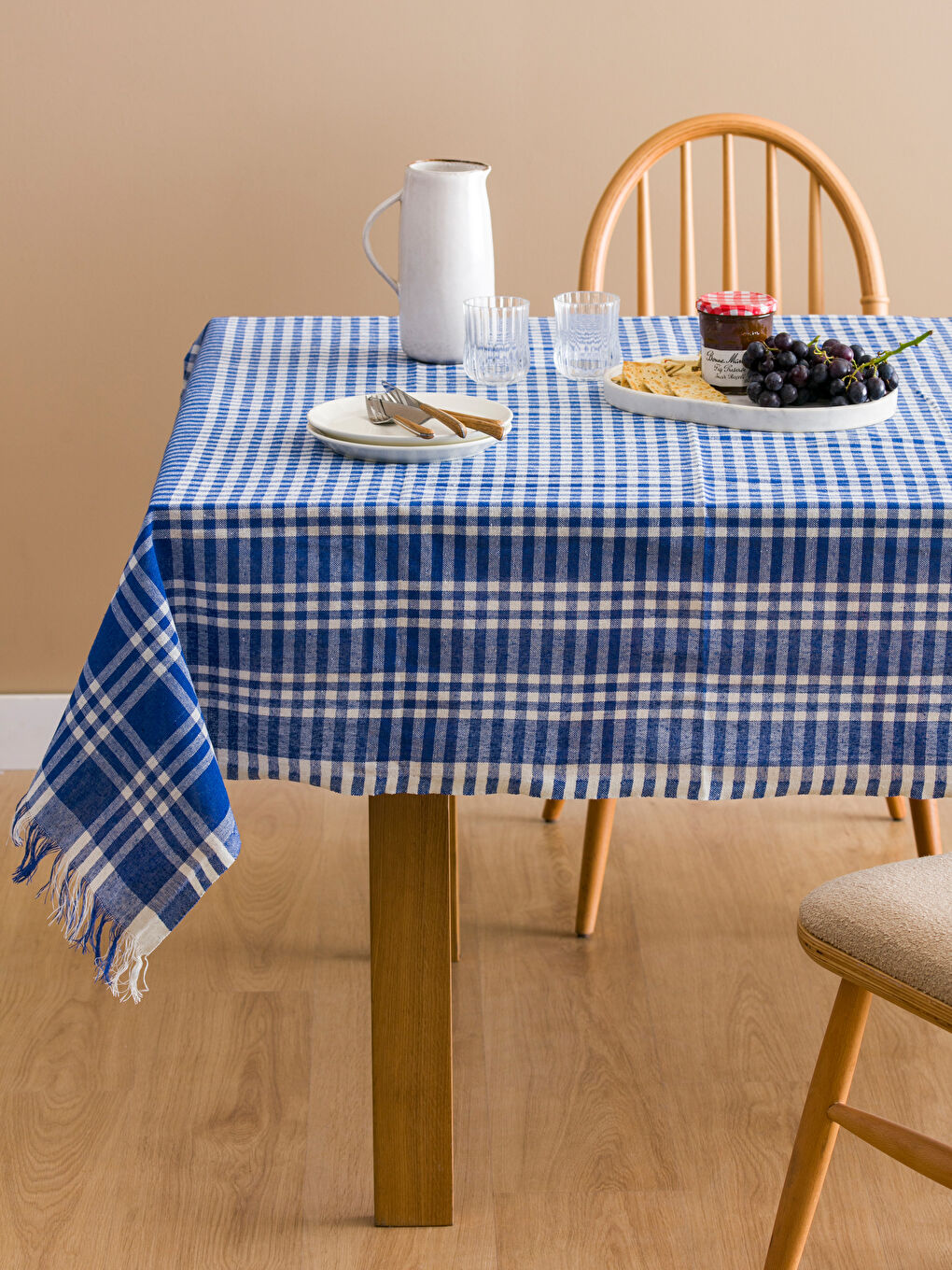 Mavi Dama Desenli Masa Örtüsü 160x160 cm-1