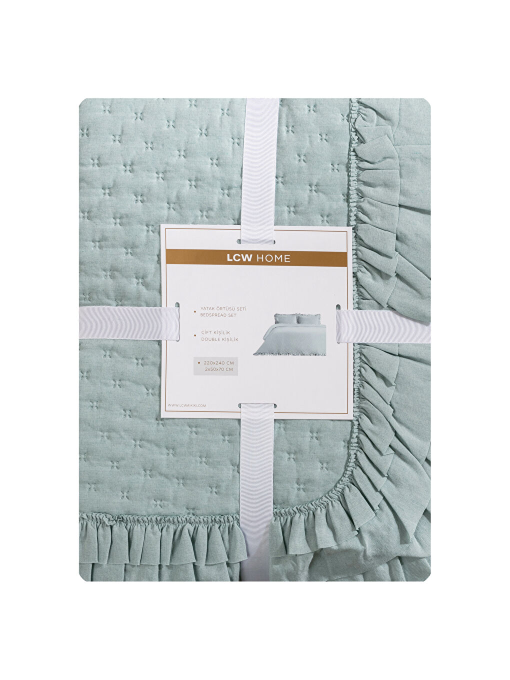 Yeşil Fırfır Detaylı Çift Kişilik Yatak Örtüsü Seti-5