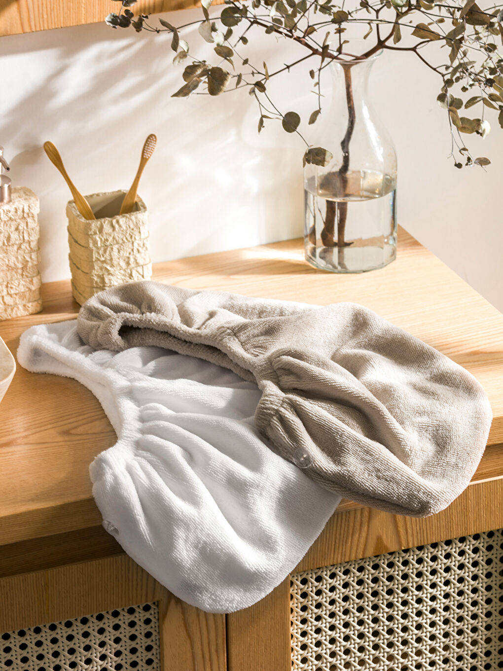 Gri Lastikli Kadın Saç Havlusu 2'li-1