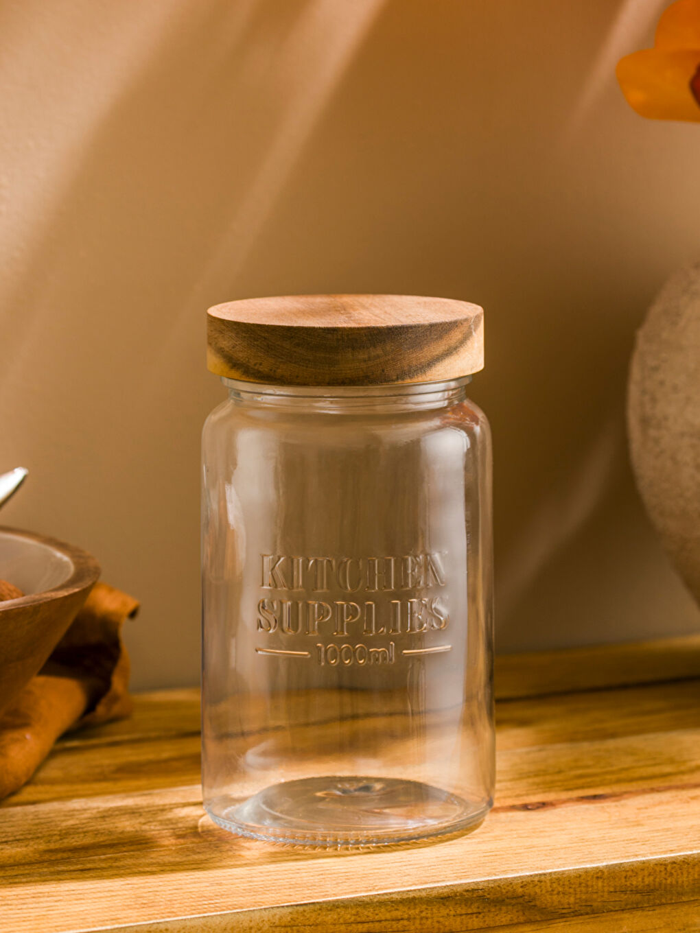 LCW HOME Wooden Lid Glass Jar 1000 ml -W56377Z8-Q57