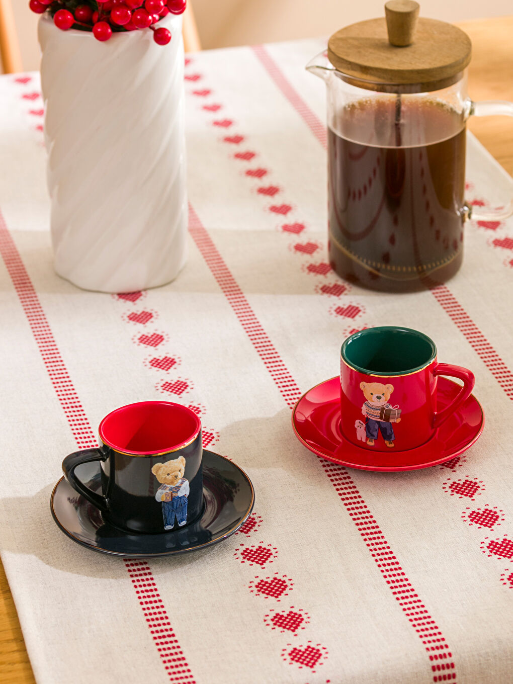 Teddy Bear Printed 2 Person Porcelain Coffee Cup Set 110 ml