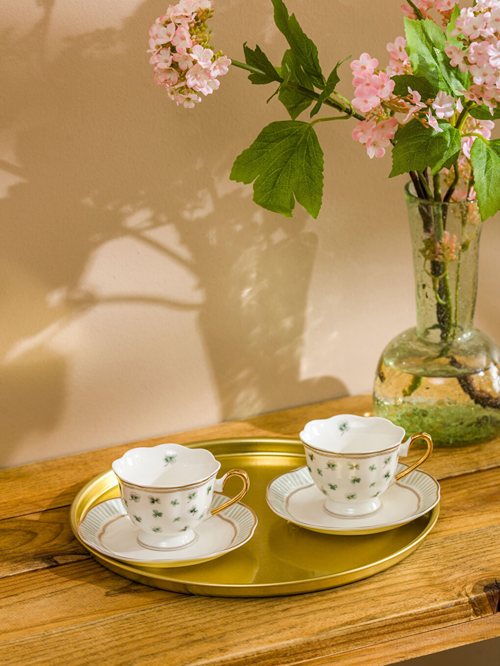 Yeşil Yonca Baskılı 2 Kişilik Porselen Kahve Fincan Takımı 90 ml