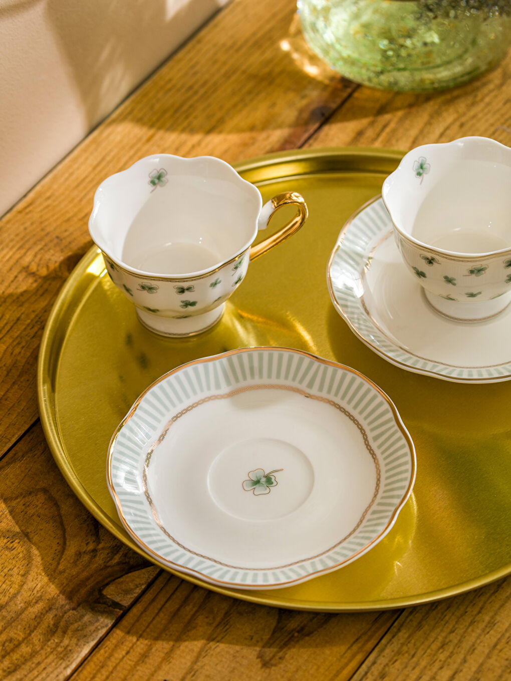 Yeşil Yonca Baskılı 2 Kişilik Porselen Kahve Fincan Takımı 90 ml-1