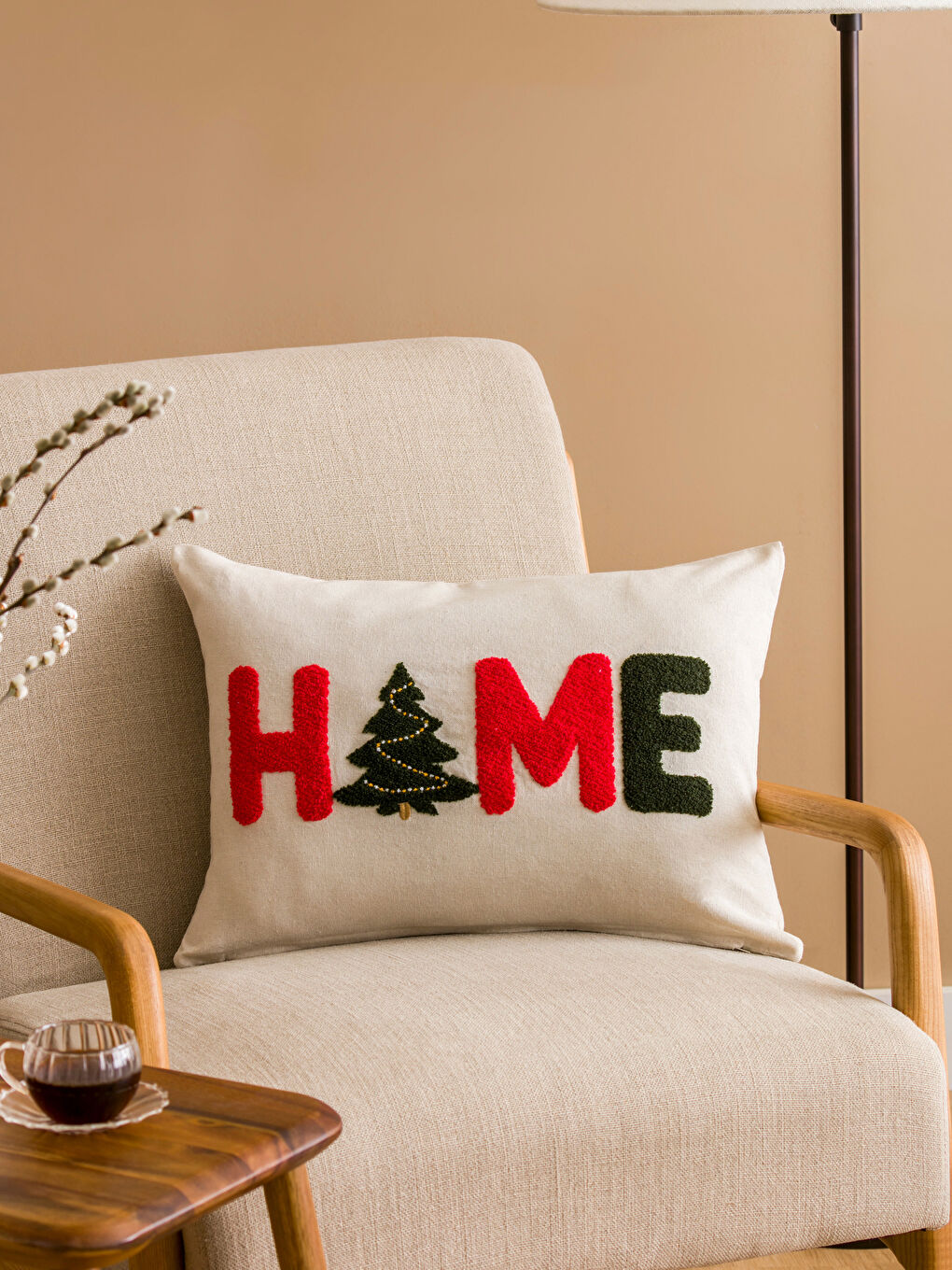 Ekru Yılbaşı Temalı Kırlent Kılıfı 35x50 cm-1