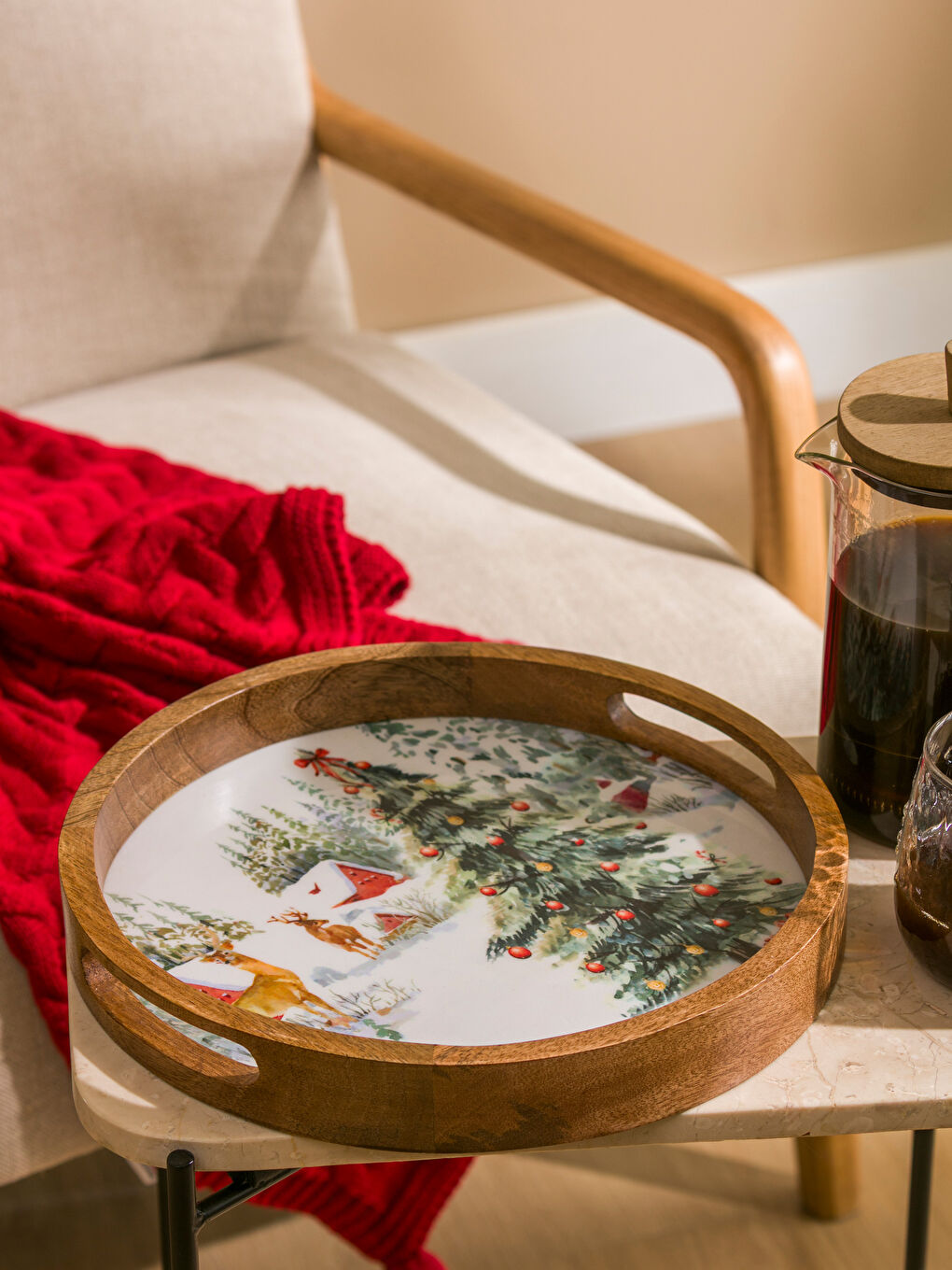 Kahverengi Yılbaşı Temalı Ahşap Tepsi-1