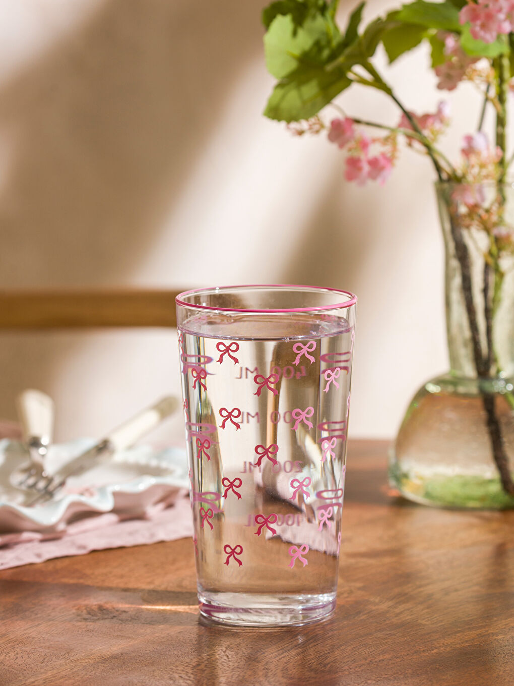 Pembe Fiyonk Baskılı Cam Bardak 500 ml