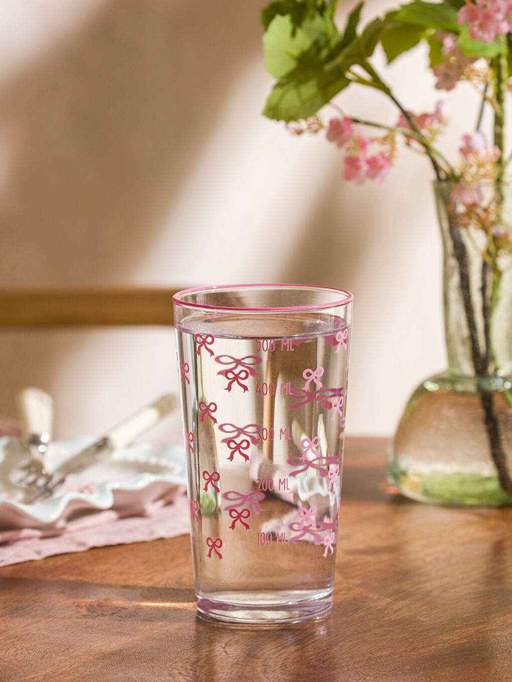 Pembe Fiyonk Baskılı Cam Bardak 500 ml-1