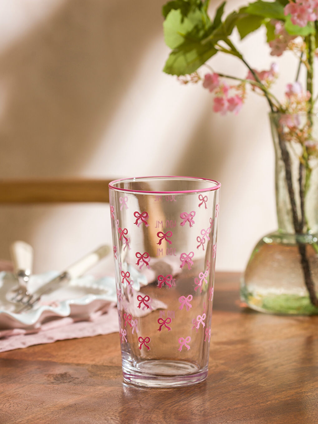 Pembe Fiyonk Baskılı Cam Bardak 500 ml-2