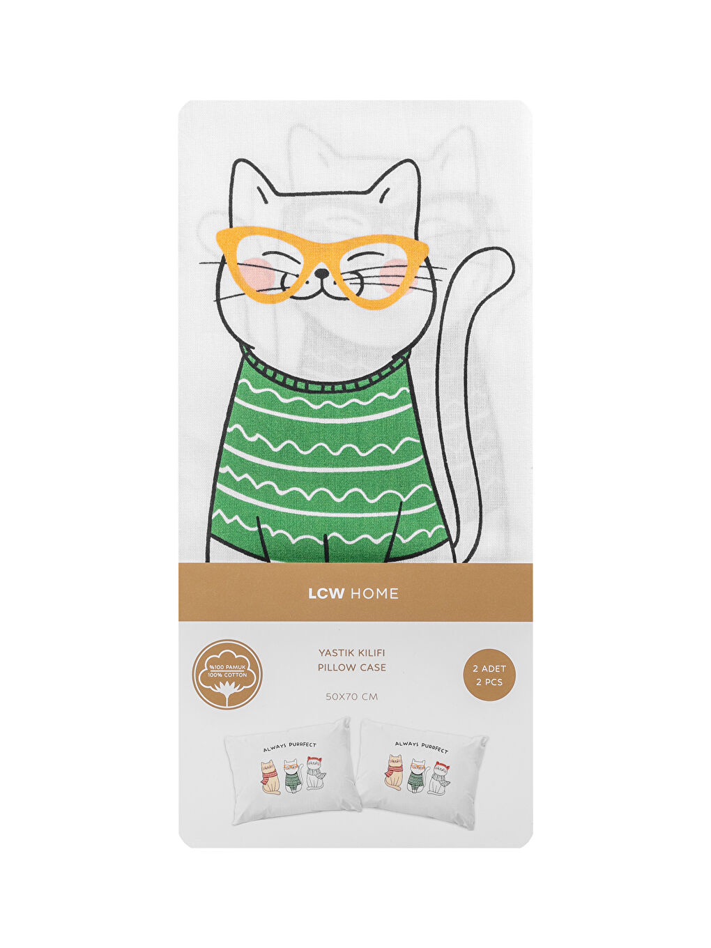 LCW HOME Cat Printed Cotton Pillowcase 2 Pack 50x70 cm -W5H777Z8-F9C