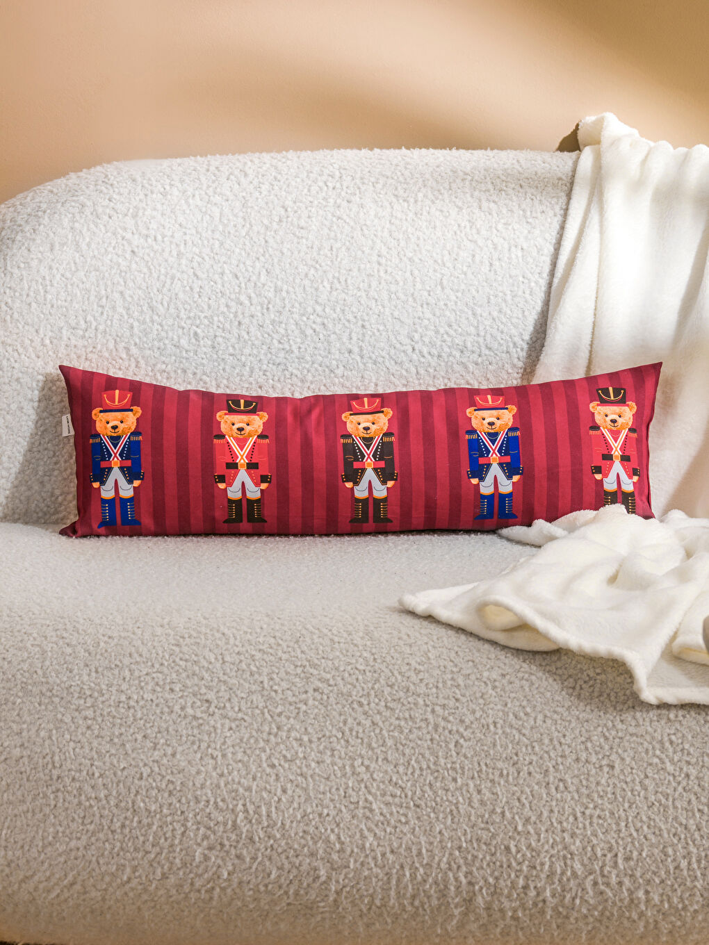 Teddy Bear Soldier Printed Long Decorative Cushion-1