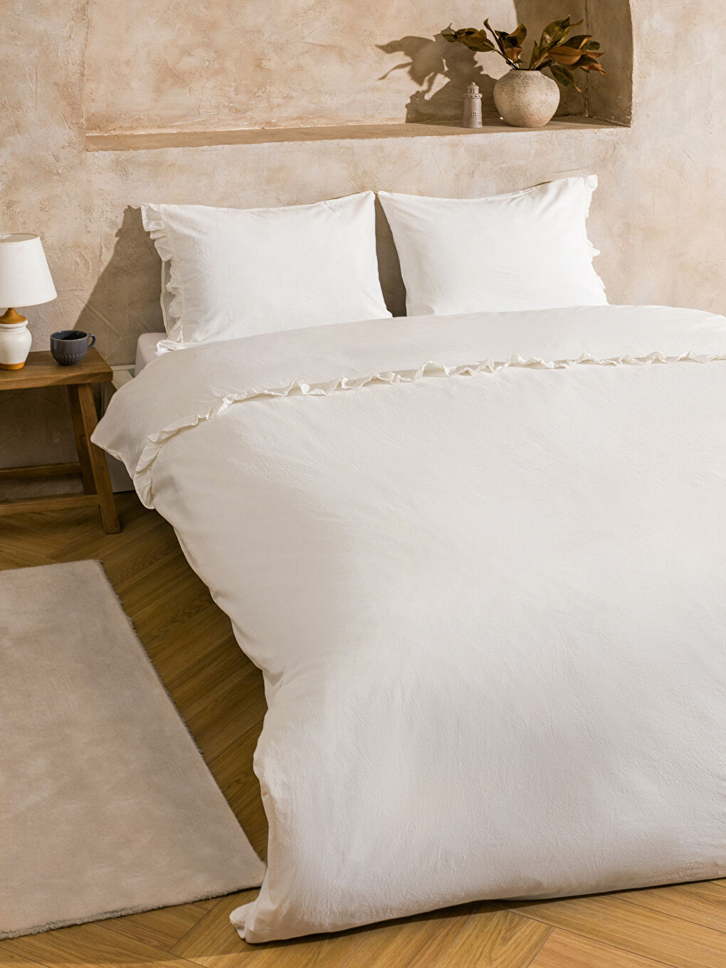 Beyaz Pamuklu Düz Çift Kişilik Nevresim Seti