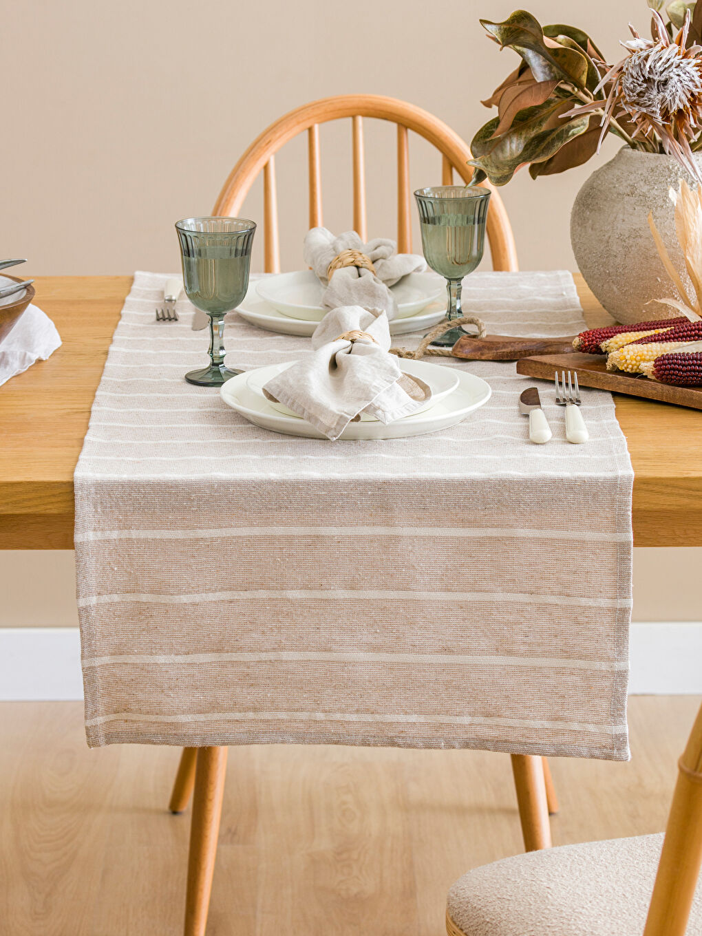 Bej Çizgi Nakışlı Runner 45x150 cm-3