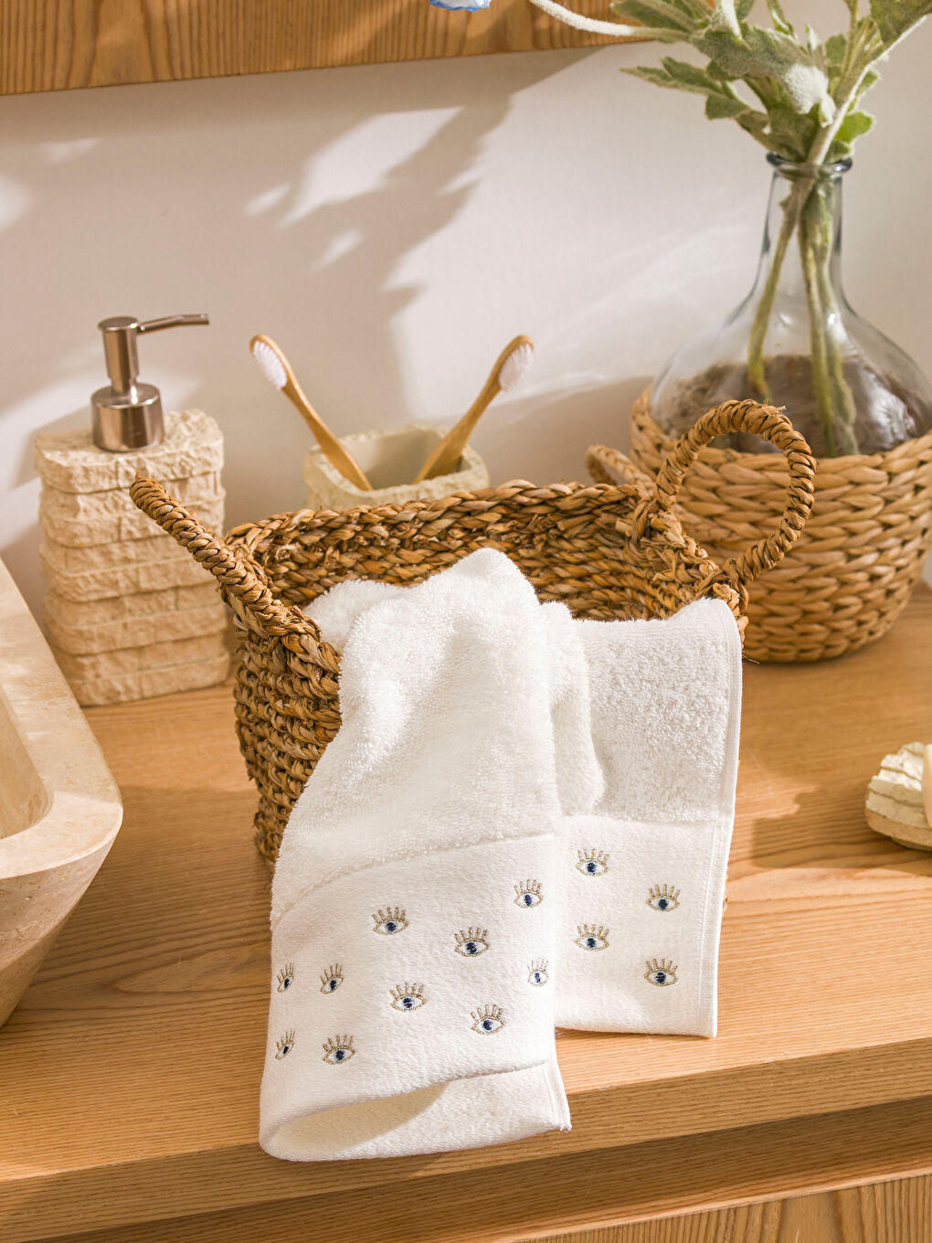 Ekru Nakışlı Yüz Havlusu 50x80 cm-4
