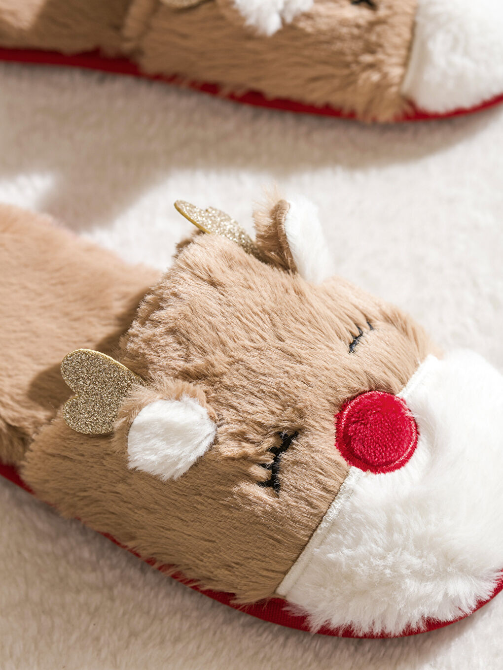 Kahverengi Geyik Nakışlı Pelüş Kadın Ev Terliği-3