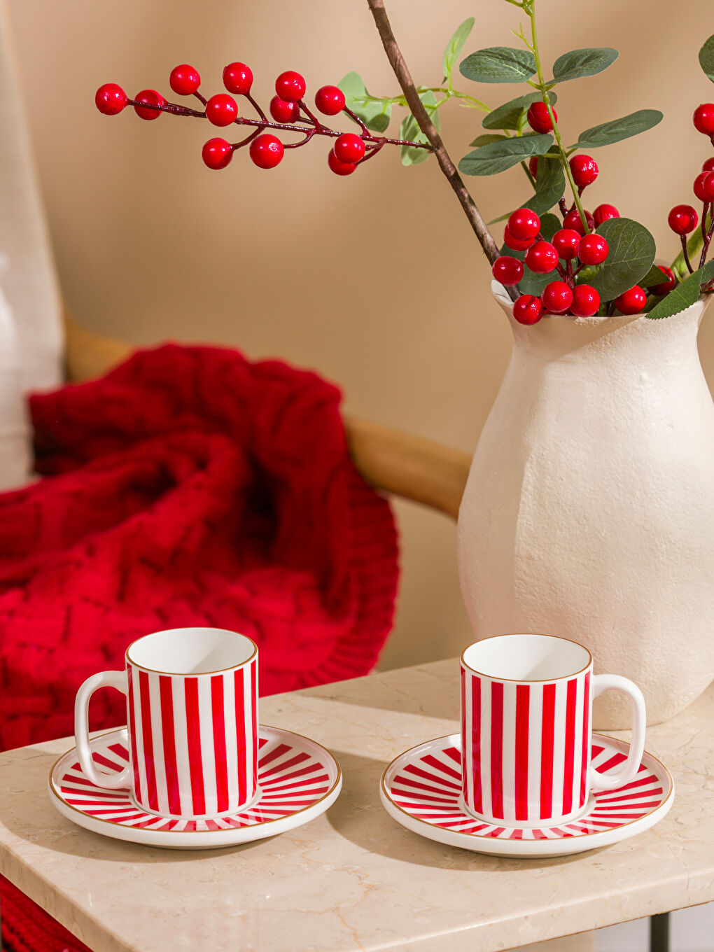 Kırmızı Çizgi Desenli 2 Kişilik Kahve Fincan Takımı 90 ml