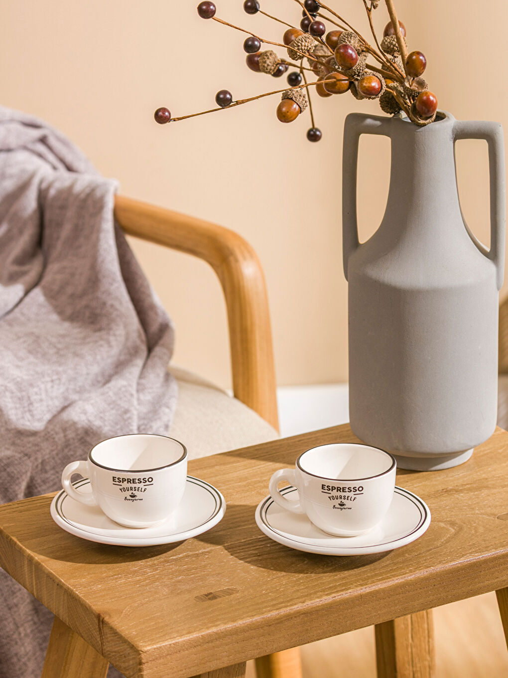 Ekru Baskılı 2 Kişilik Seramik Kahve Fincan Takımı 95 ml