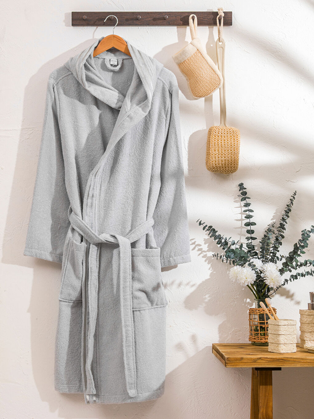 Antrasit Unisex Kapüşonlu Bornoz