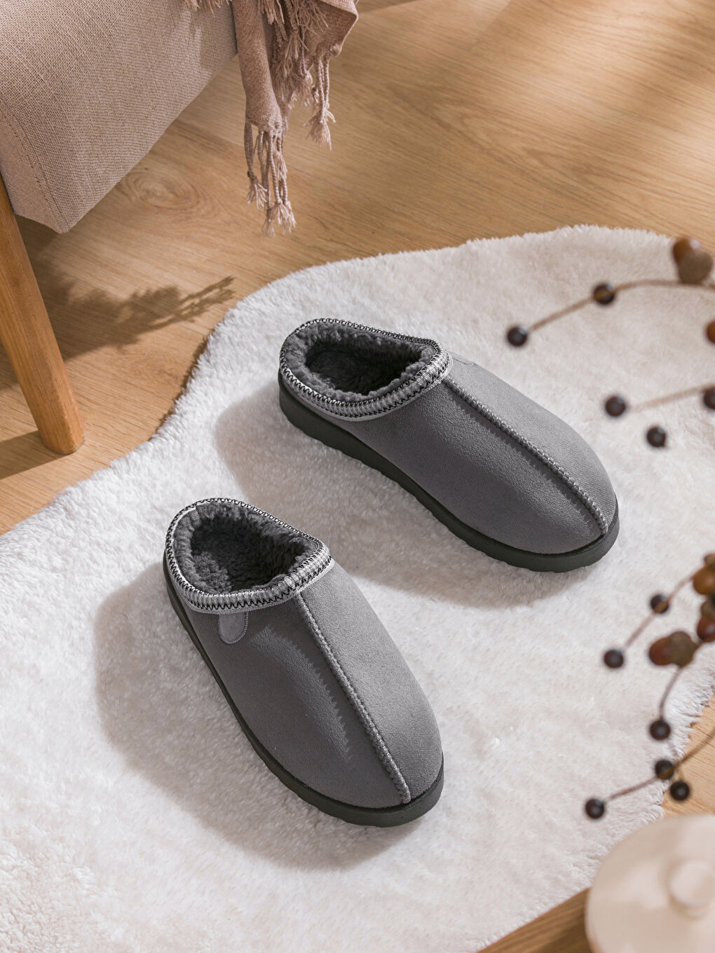 Antrasit İçi Tüylü Erkek Ev  Terliği