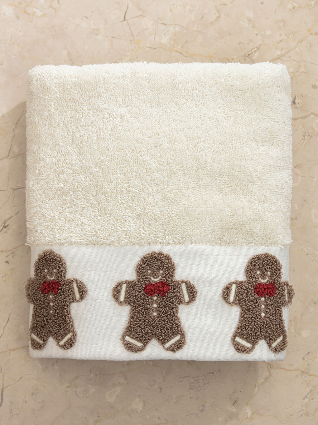 Ekru Kurabiye Adam Figürlü Pamuklu Yüz Havlusu 50x80 cm-2