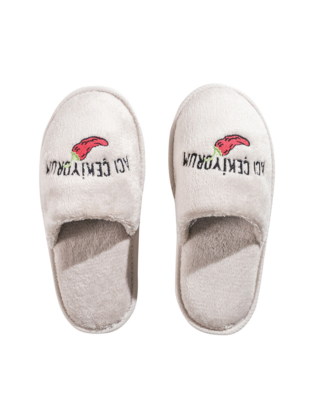 Bej Slogan Nakışlı Pelüş Kadın Ev Terliği-5