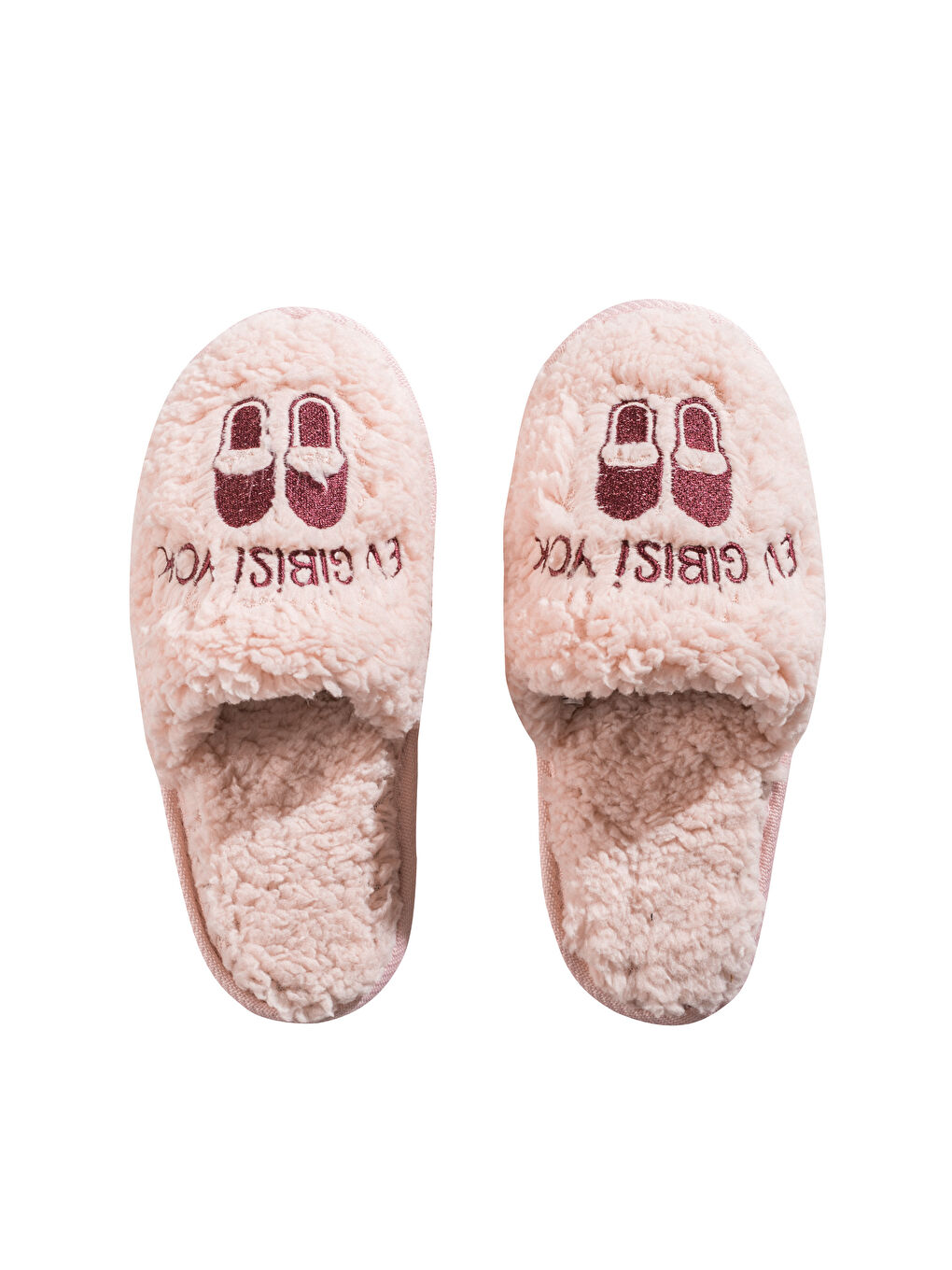 Pembe Slogan Nakışlı Pelüş Kadın Ev Terliği-5