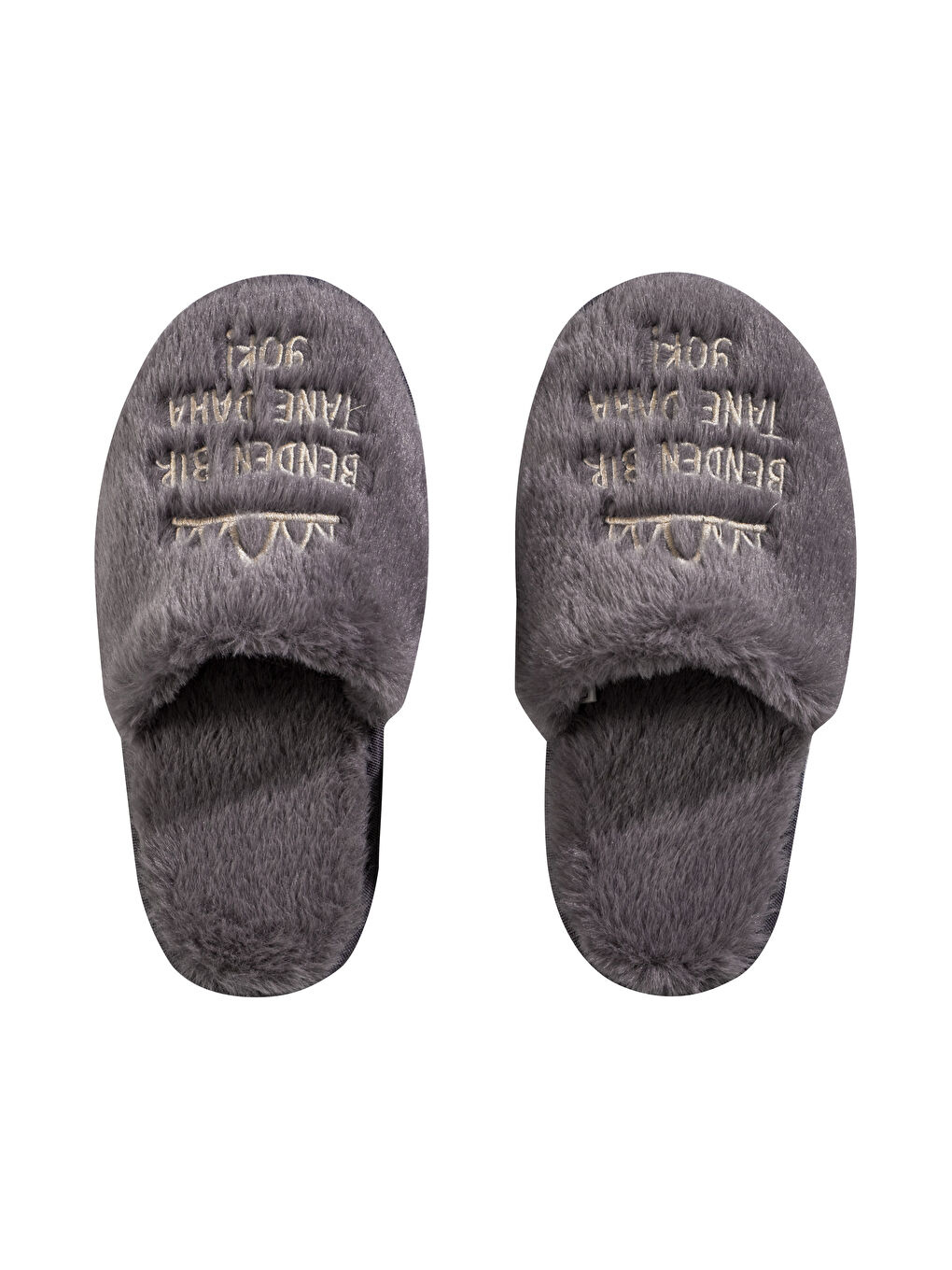 Gri Slogan Nakışlı Kadın Pelüş Ev Terliği-5