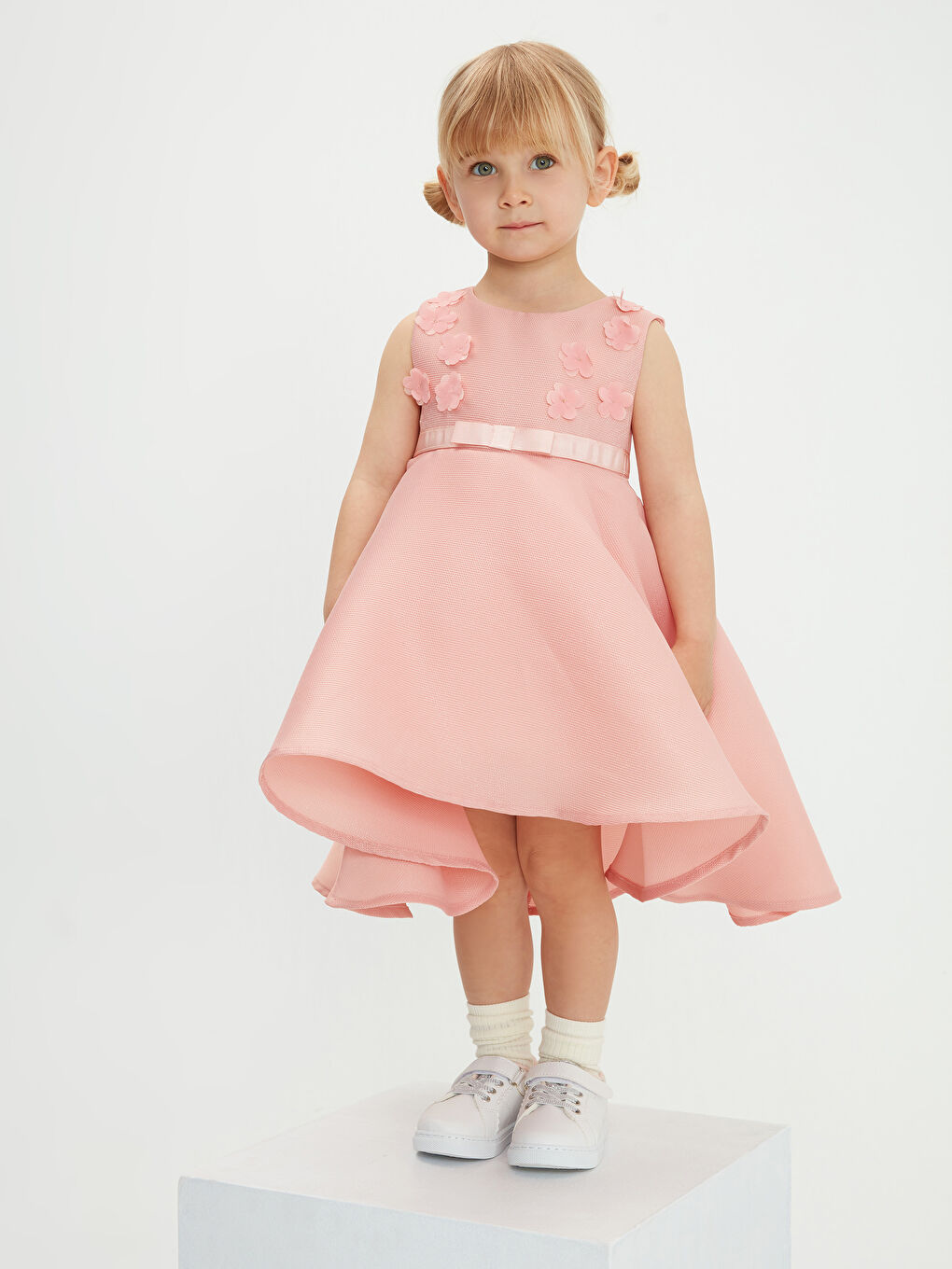 Pembe Bisiklet Yaka 3 Boyutlu Baskılı Kız Bebek Elbise-3