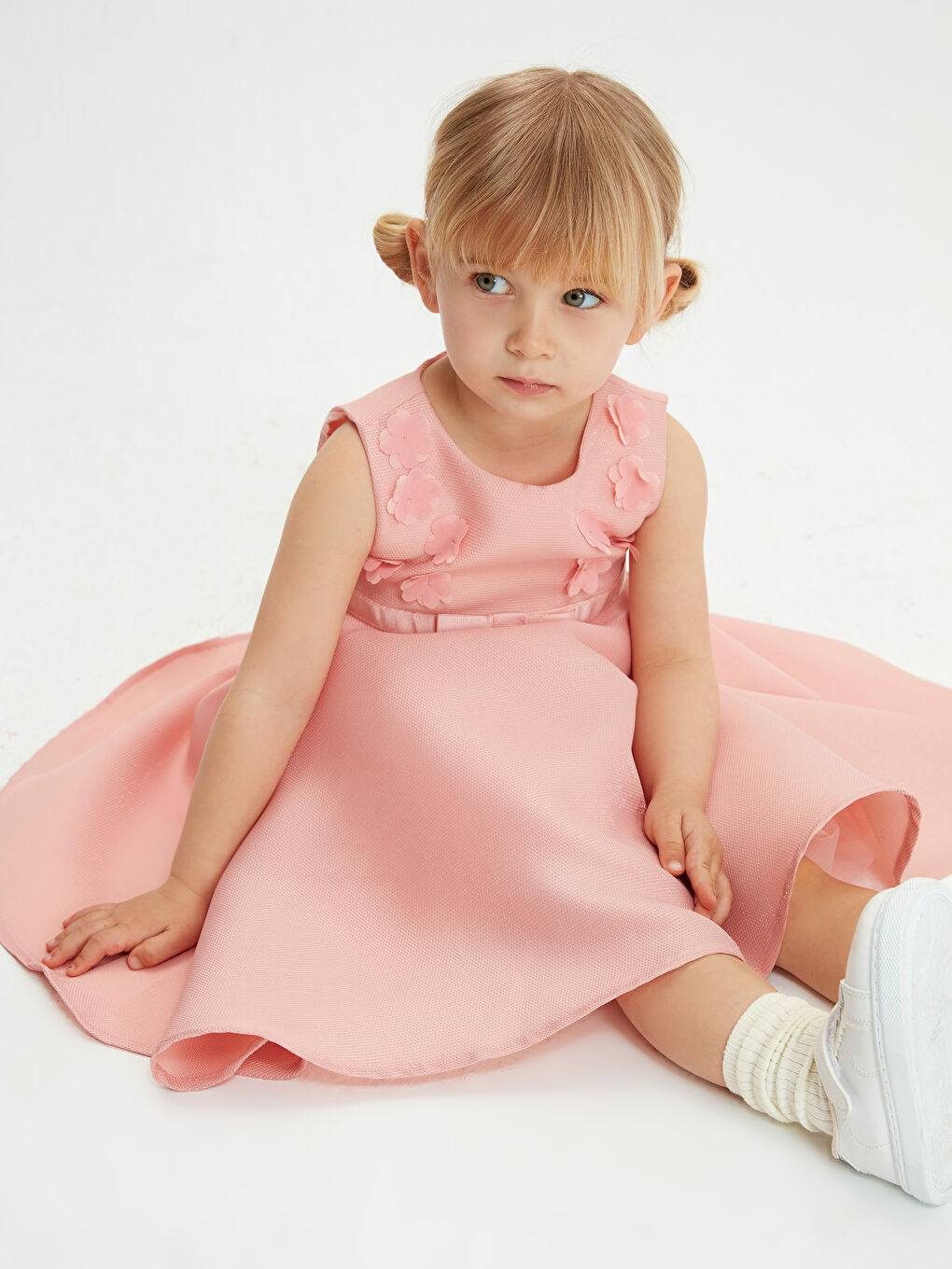 Pembe Bisiklet Yaka 3 Boyutlu Baskılı Kız Bebek Elbise-1