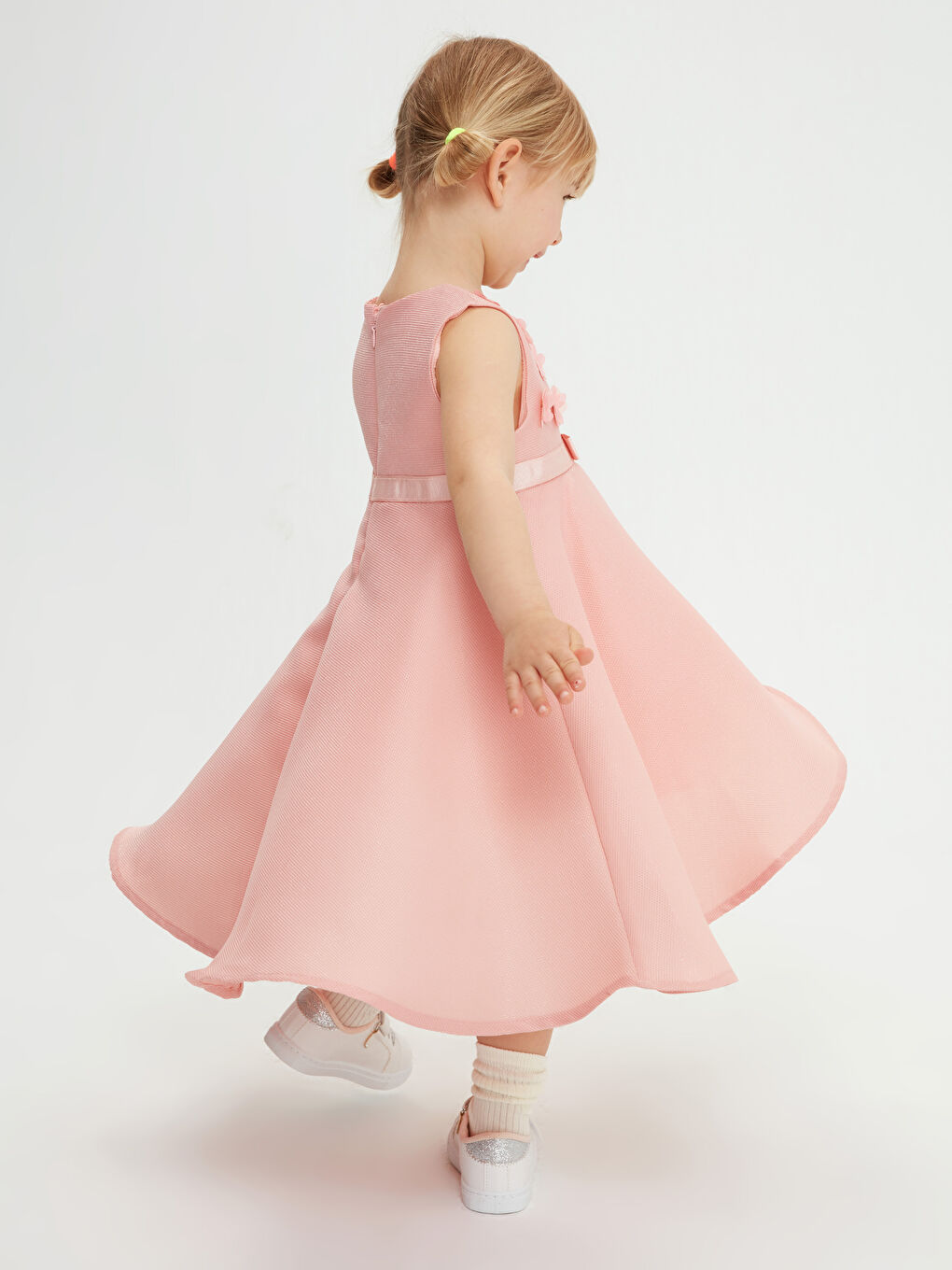 Pembe Bisiklet Yaka 3 Boyutlu Baskılı Kız Bebek Elbise-2