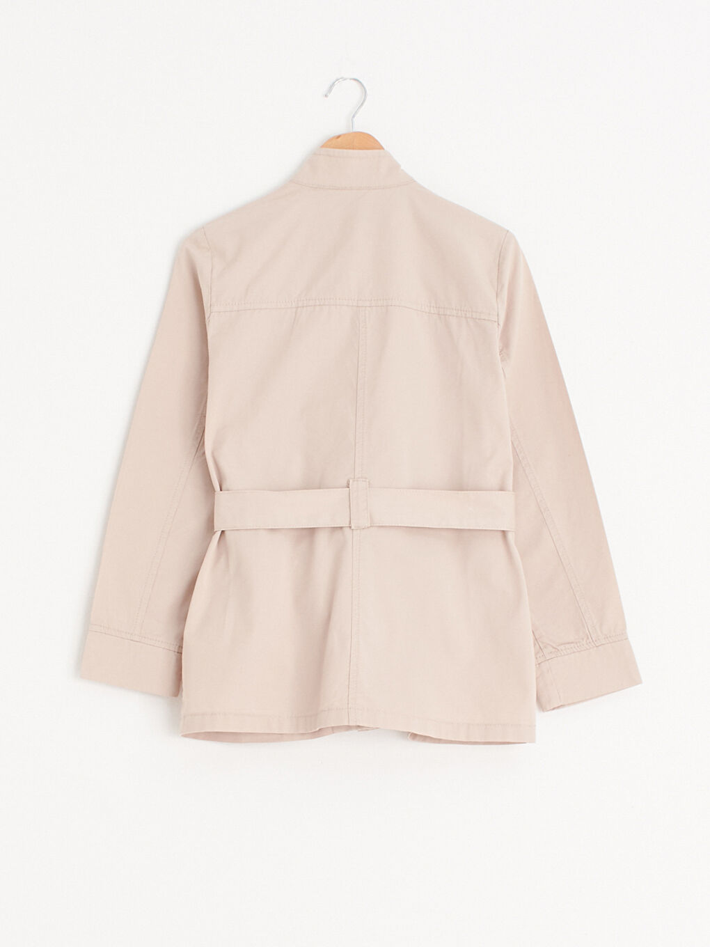 Bej Dik Yaka Düz Uzun Kollu İnce Kadın Mont-1