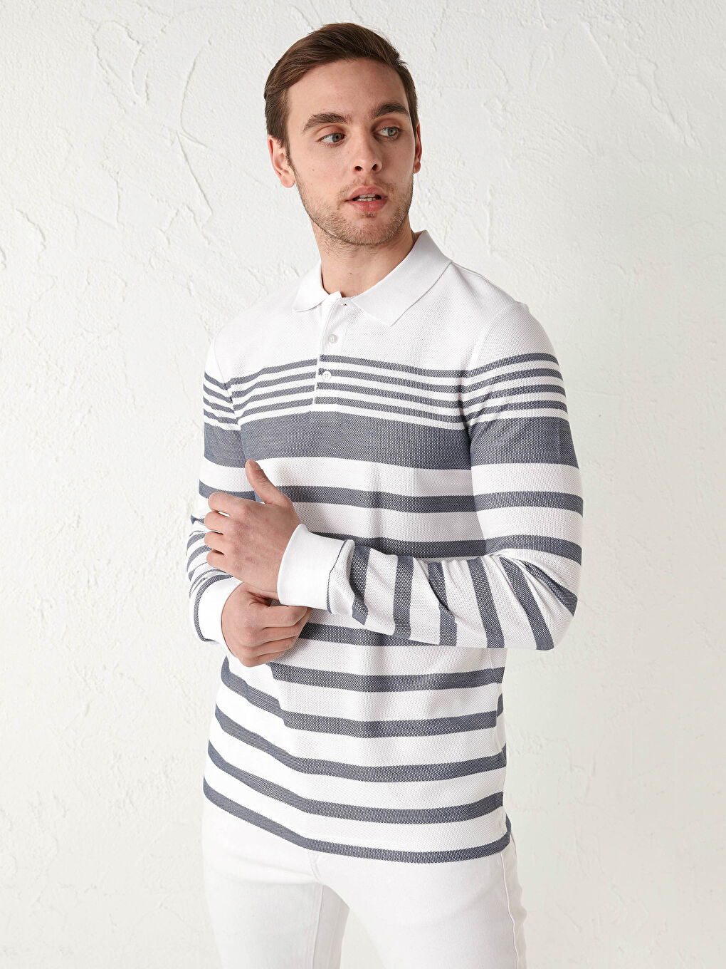 Polo Neck Long Sleeve Striped Men's T-Shirt