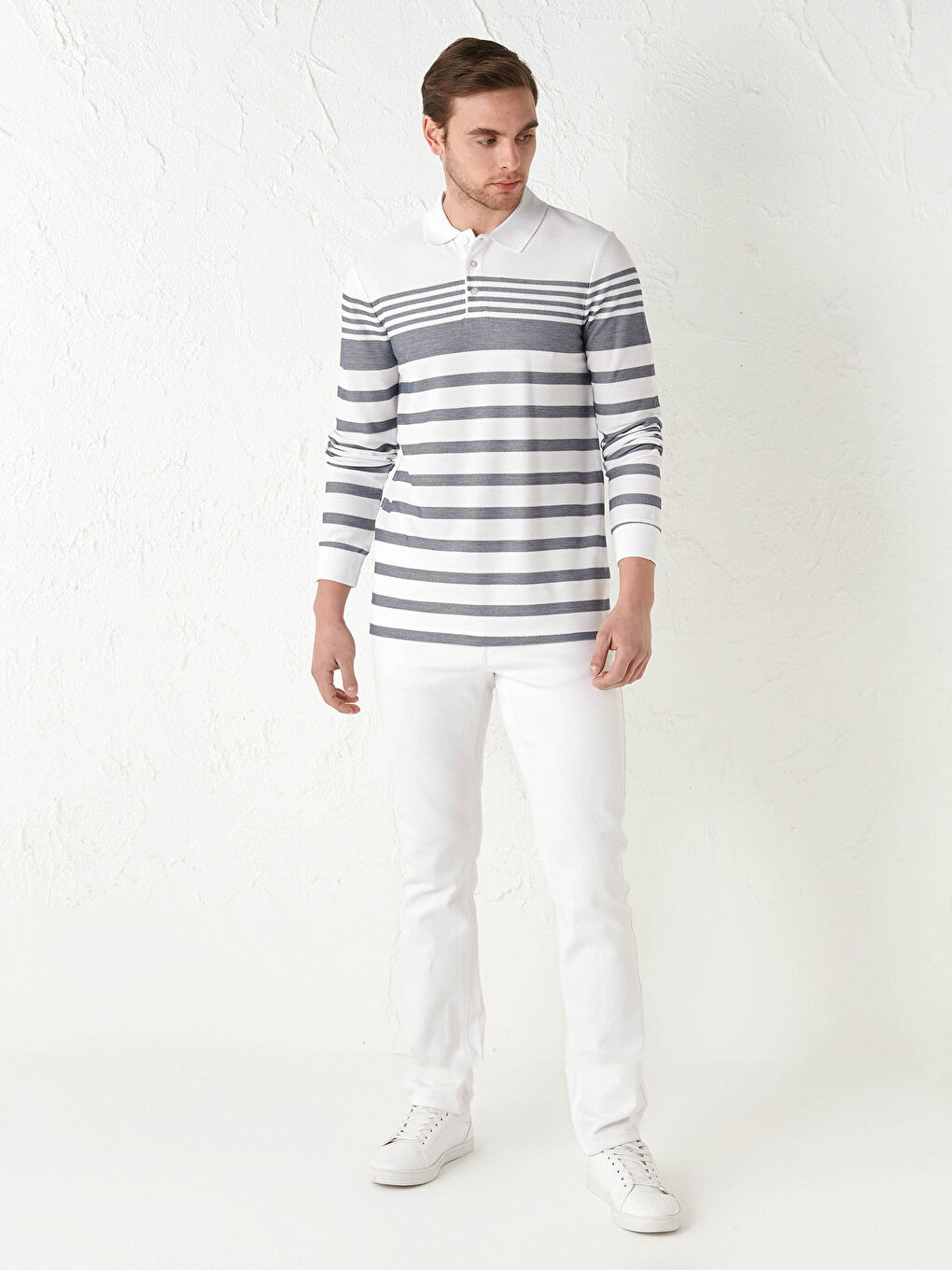 Polo Neck Long Sleeve Striped Men's T-Shirt-2