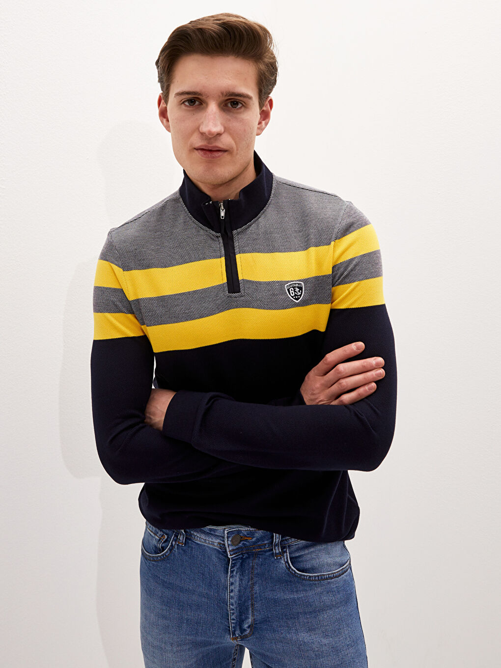 سويت شيرت مخطط كم طويل بياقة قمع للرجال-4