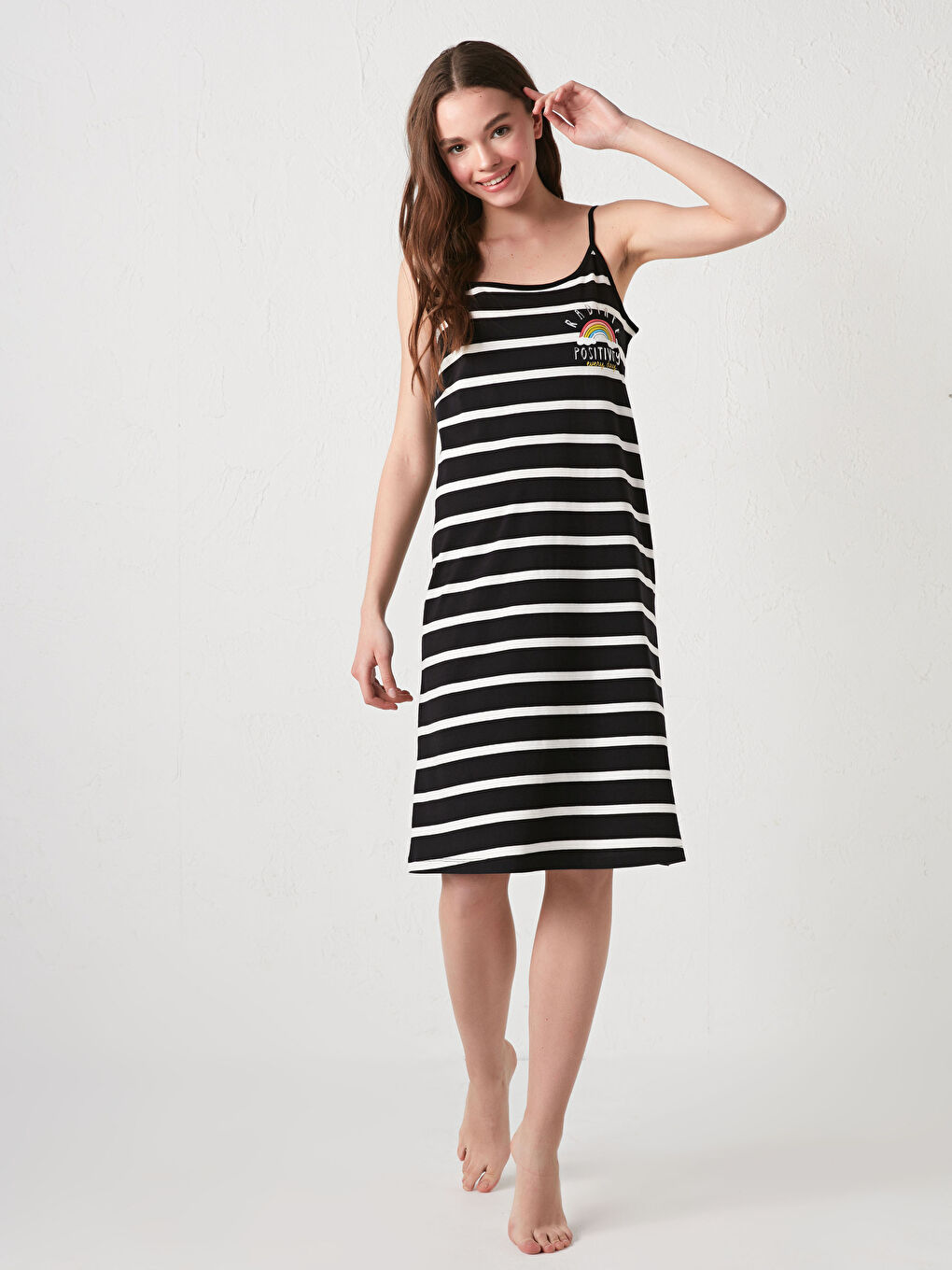 Crew Neck Rope Strap Printed Cotton Nightgown