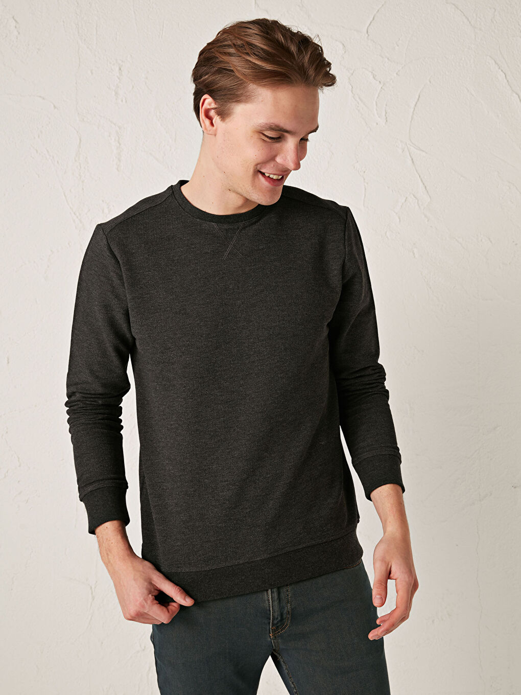 Antrasit Bisiklet Yaka Uzun Kollu İnce Erkek Sweatshirt