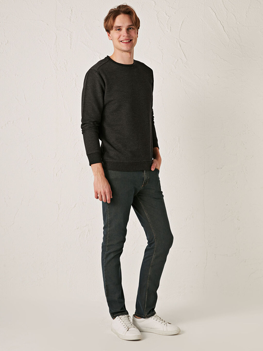 Antrasit Bisiklet Yaka Uzun Kollu İnce Erkek Sweatshirt-2