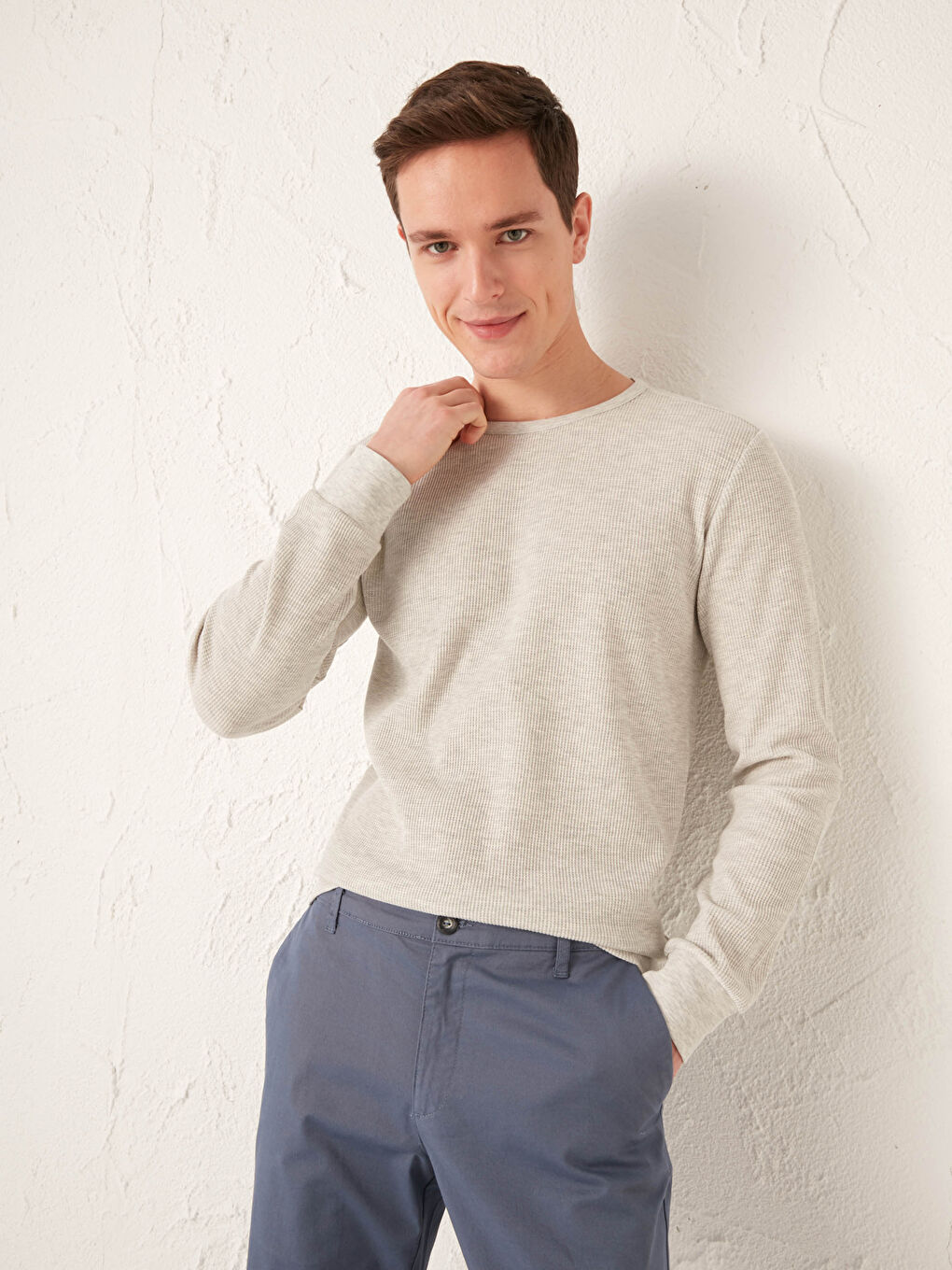 Bej Bisiklet Yaka Uzun Kollu Basic Tişört