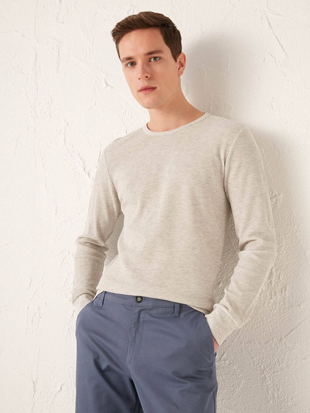 Bej Bisiklet Yaka Uzun Kollu Basic Tişört-1