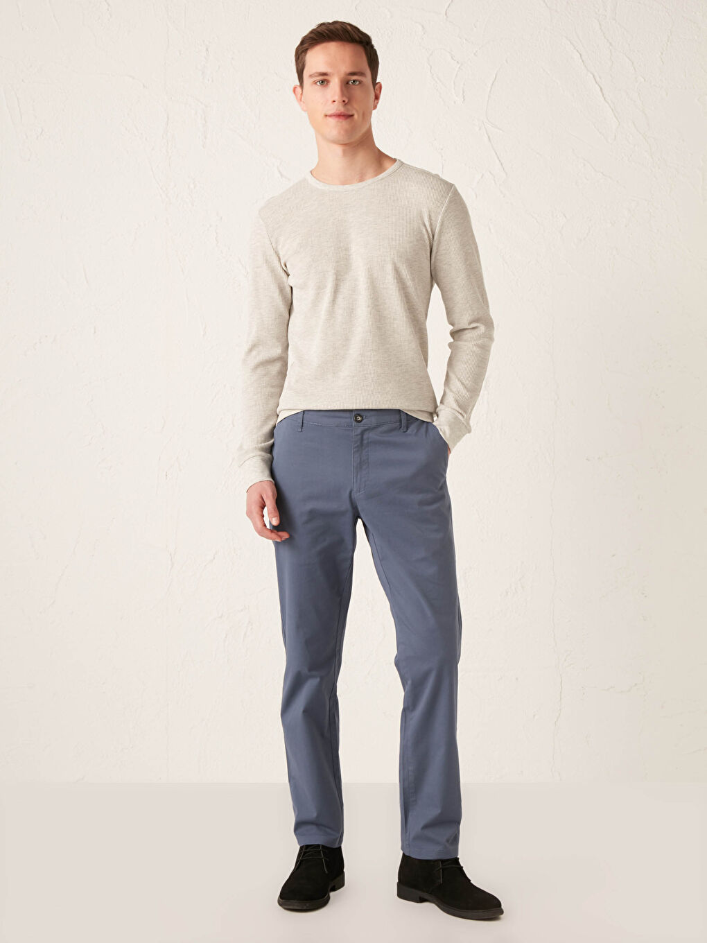 Bej Bisiklet Yaka Uzun Kollu Basic Tişört-2