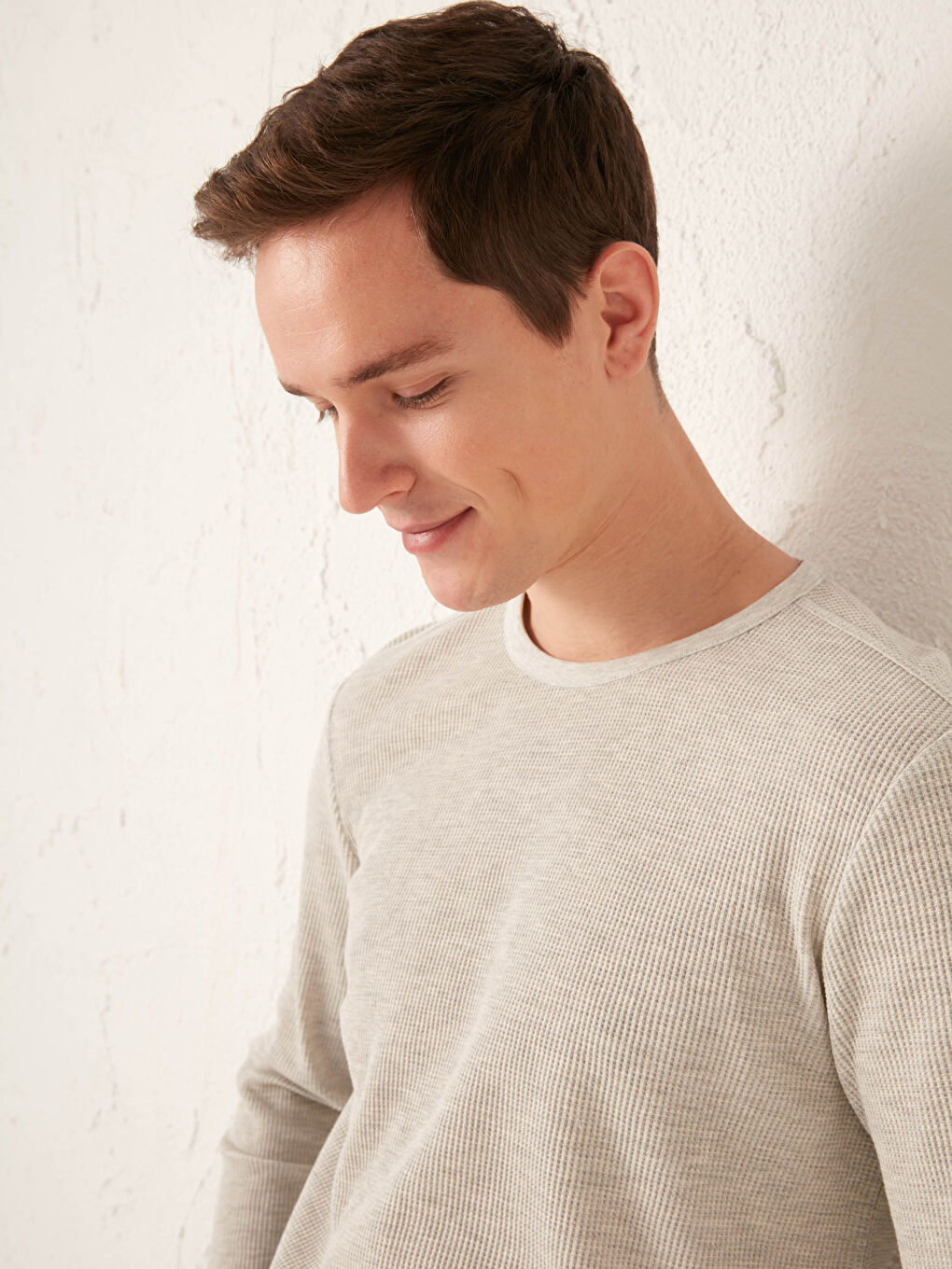 Bej Bisiklet Yaka Uzun Kollu Basic Tişört-3