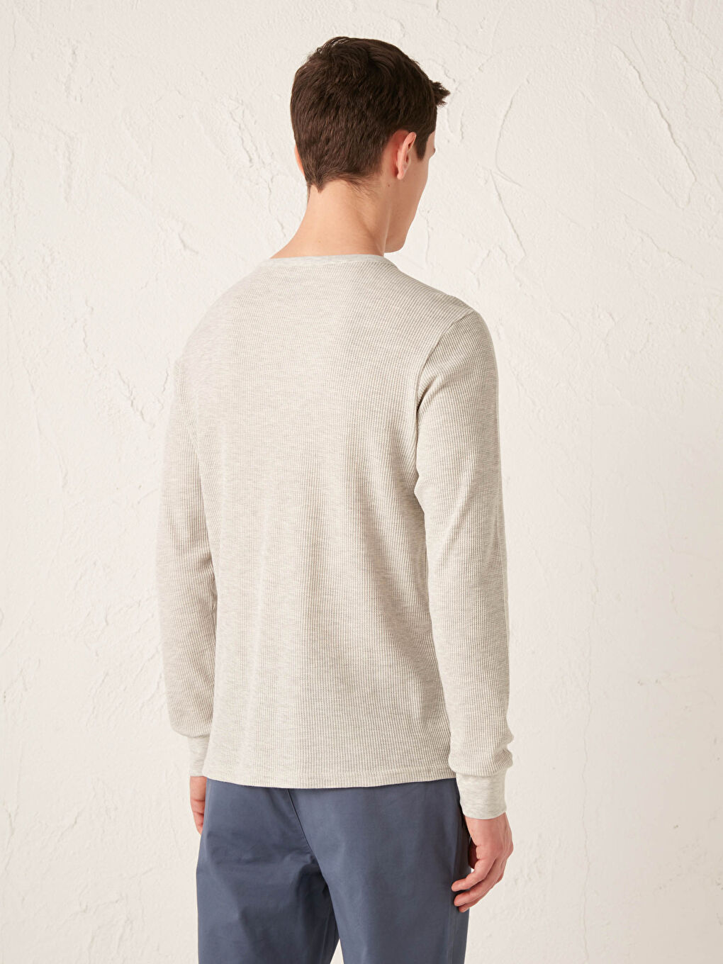 Bej Bisiklet Yaka Uzun Kollu Basic Tişört-4