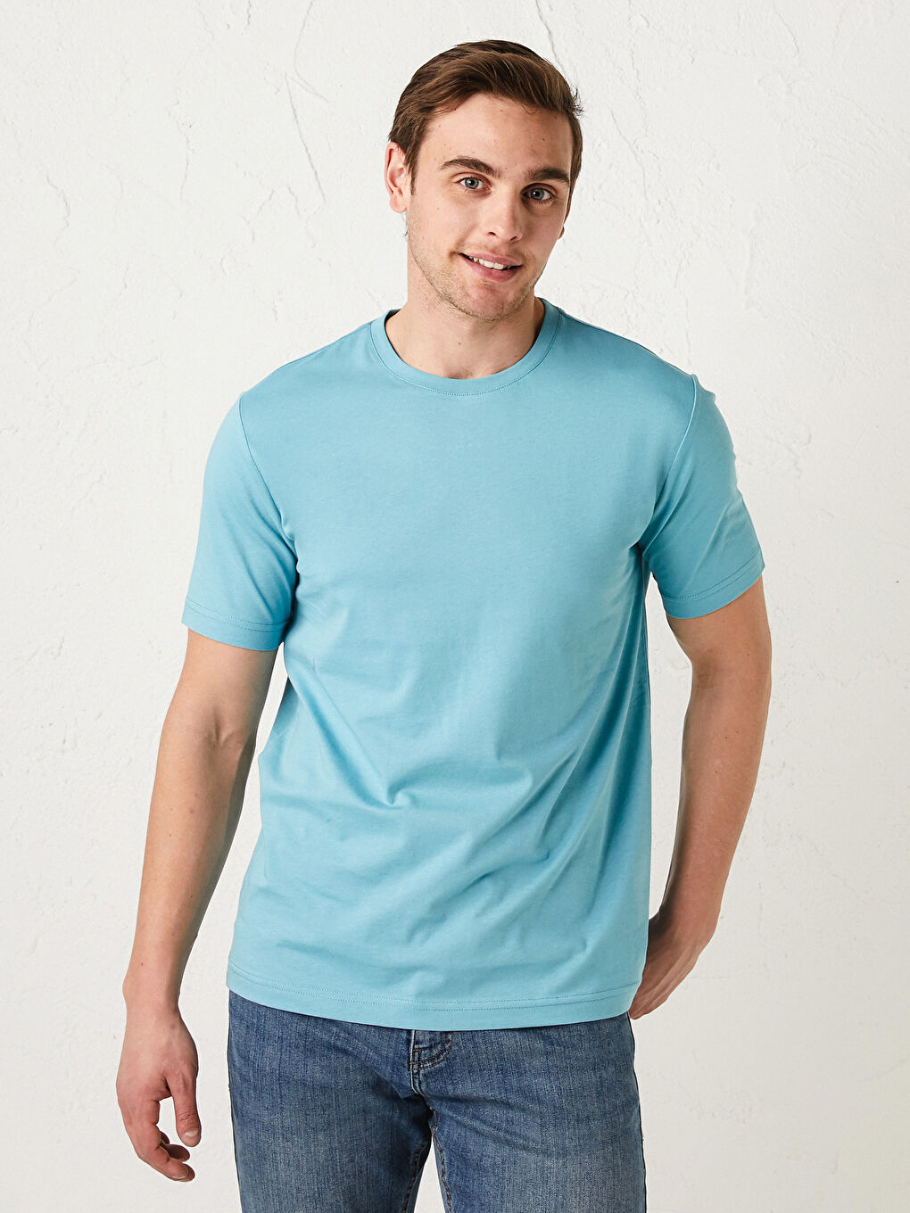 تي شيرت قطن كم قصير أساسي بياقة دائرية للرجال