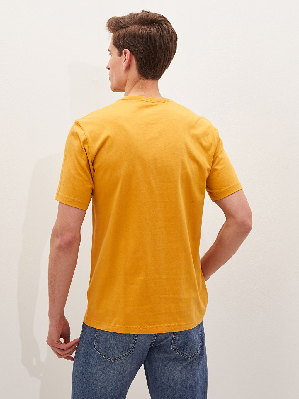 Sarı Bisiklet Yaka Basic Kısa Kollu Pamuklu Erkek Tişört-2