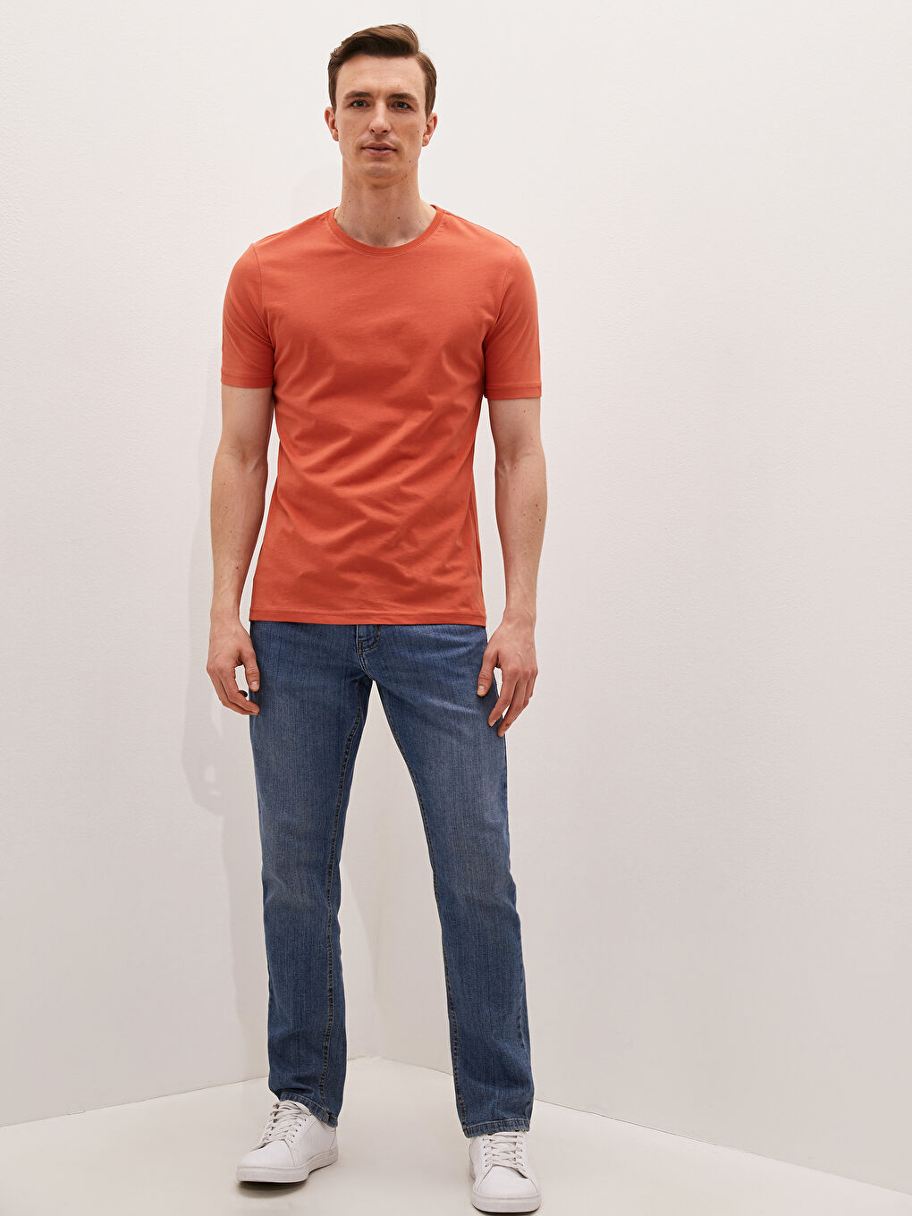 Turuncu Bisiklet Yaka Basic Kısa Kollu Pamuklu Erkek Tişört-1