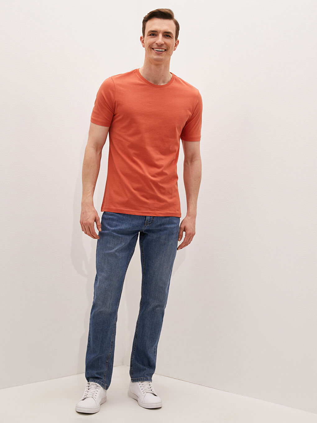 Turuncu Bisiklet Yaka Basic Kısa Kollu Pamuklu Erkek Tişört-2