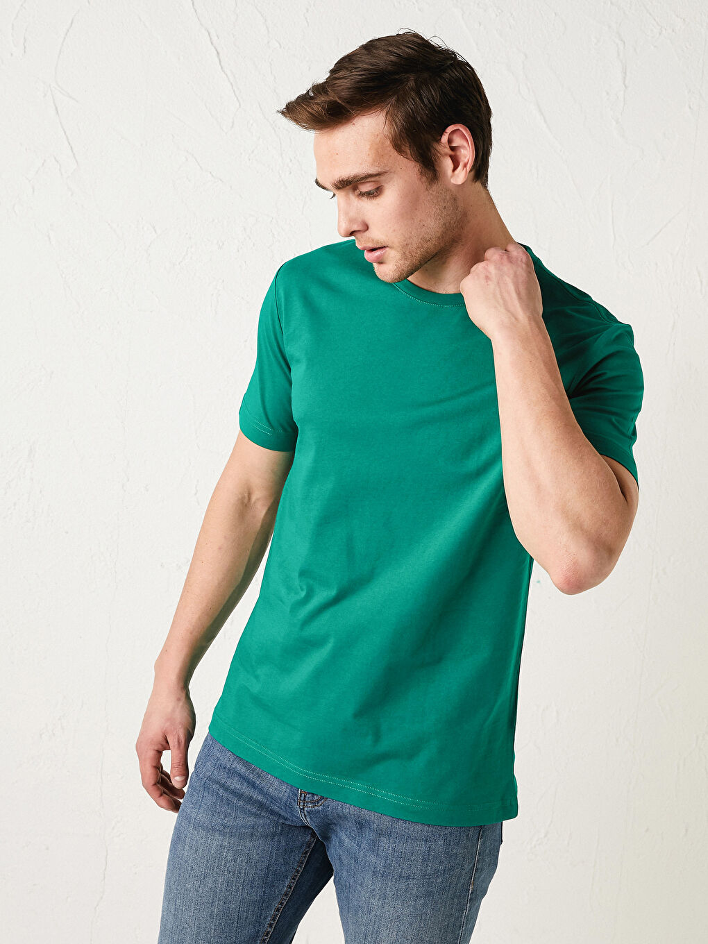 Yeşil Bisiklet Yaka Basic Kısa Kollu Pamuklu Erkek Tişört-1