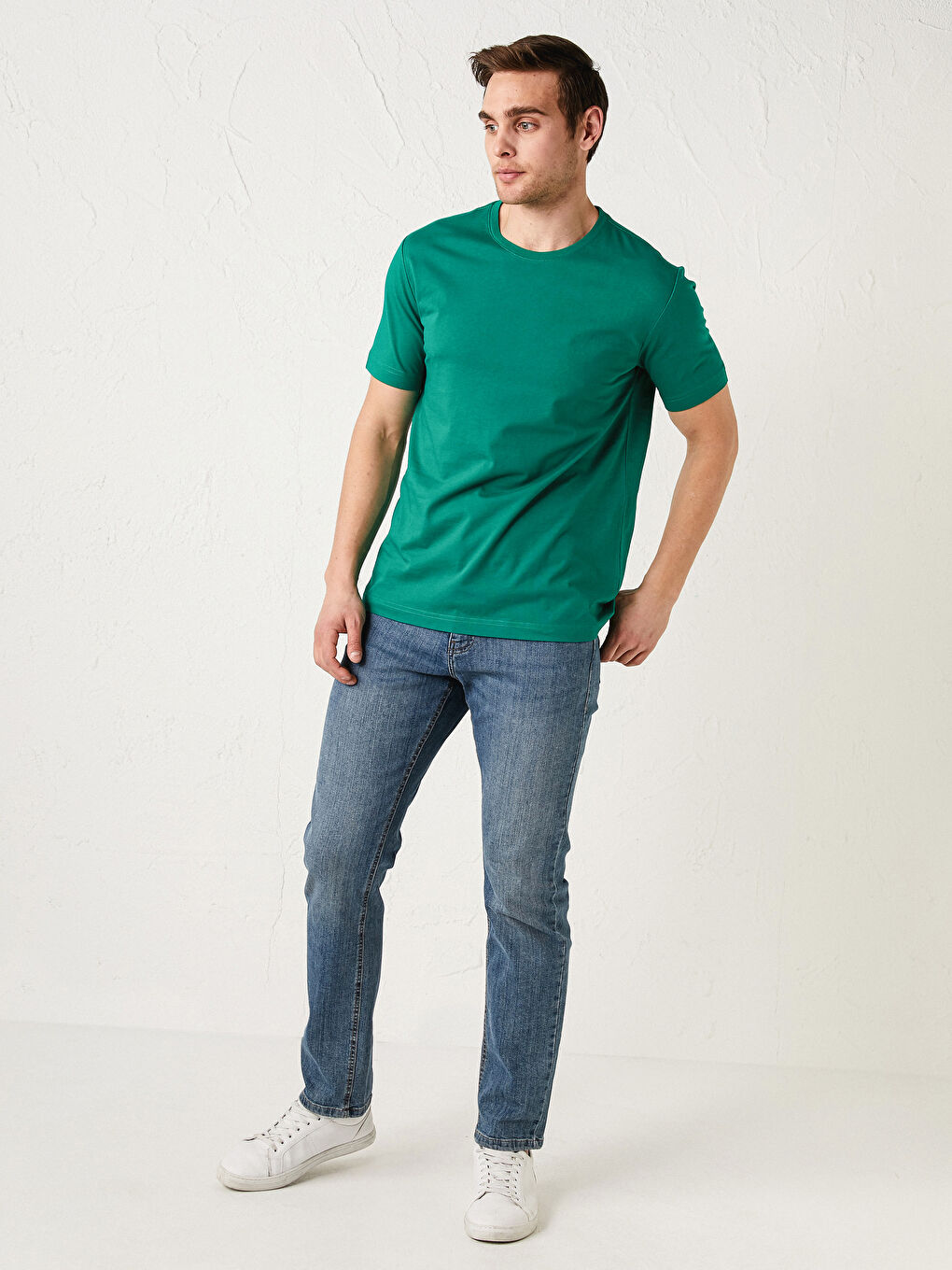 Yeşil Bisiklet Yaka Basic Kısa Kollu Pamuklu Erkek Tişört-3