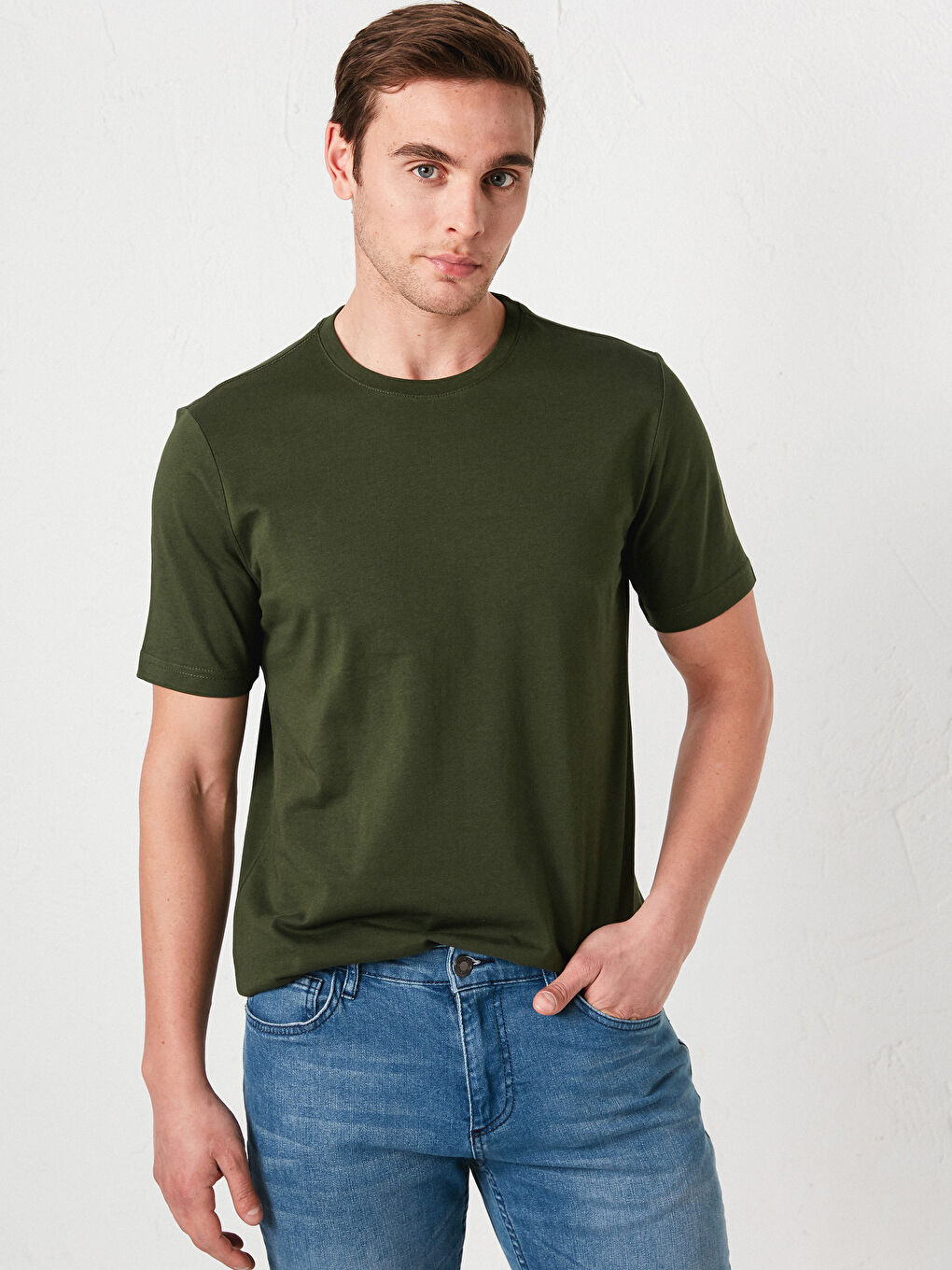 Yeşil Bisiklet Yaka Basic Kısa Kollu Pamuklu Erkek Tişört